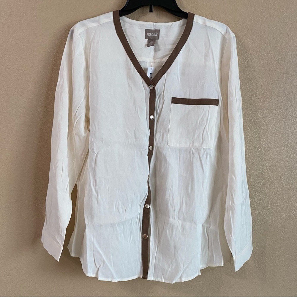 Chicos New Size 2 US L Brown Faux Suede Trimmed Silky Chic Blouse in Modern Ecru